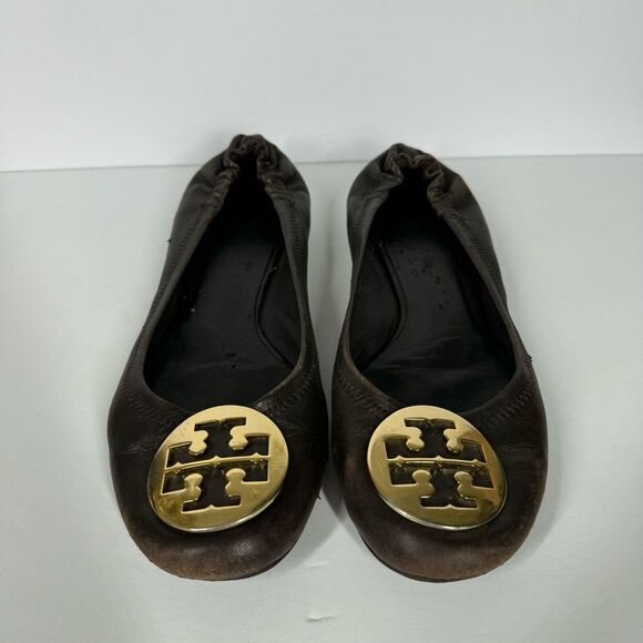 Tory Burch Classic Reva Chocolate Brown Leather Ballet Flats Gold Womens Size 10 - Picture 1 of 13